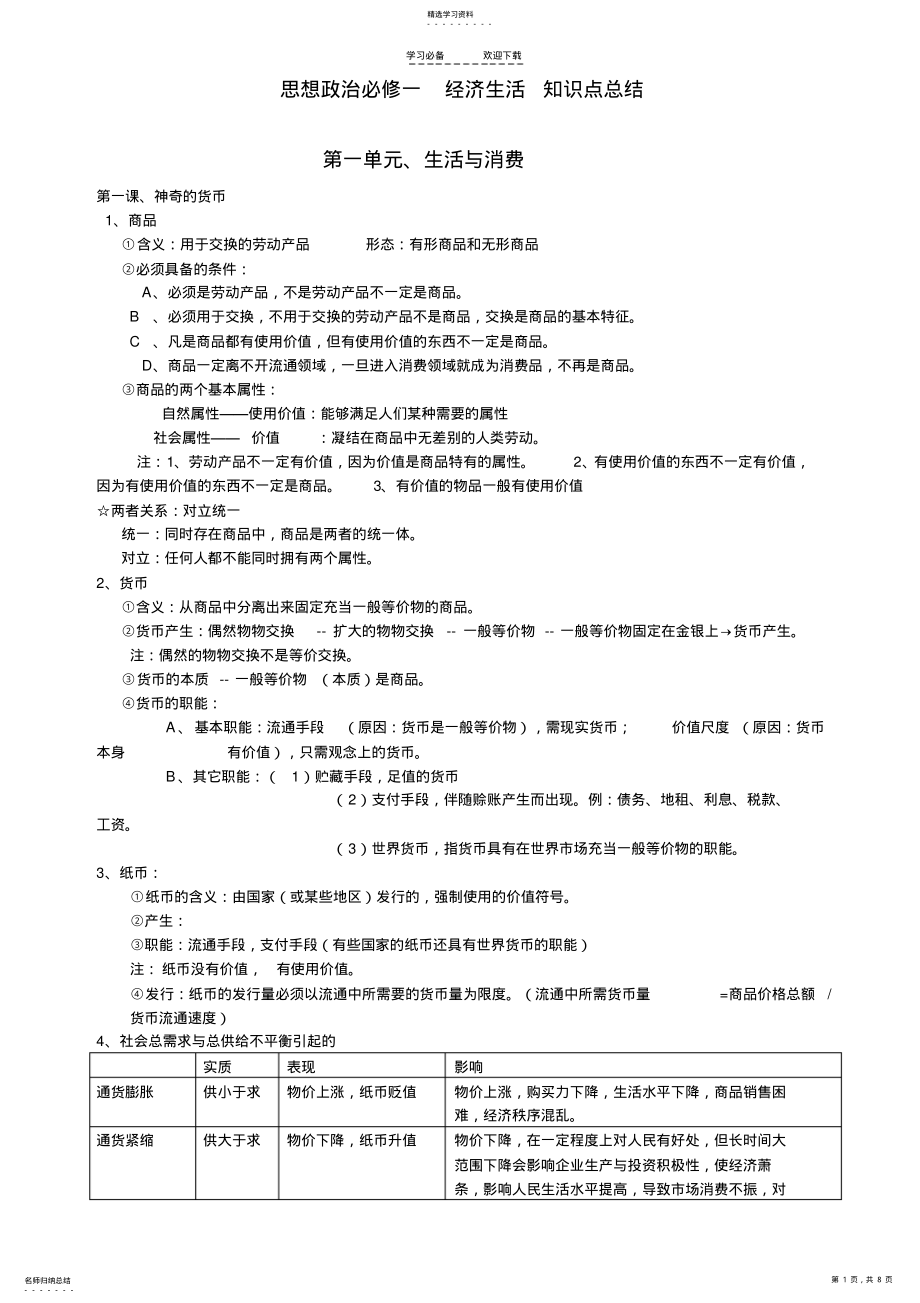 2022年高中政治经济生活知识点总结新人教版 .pdf_第1页