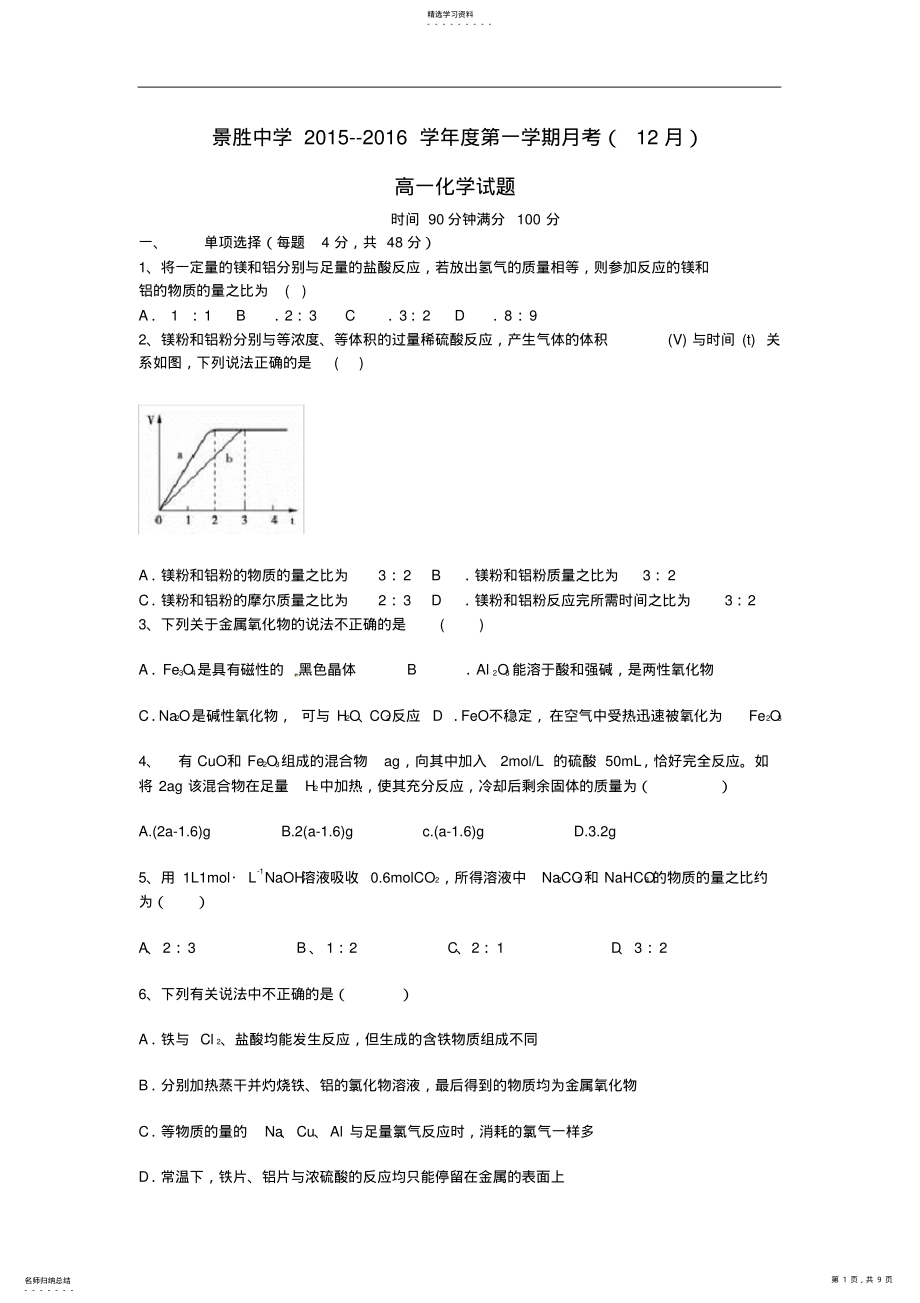 2022年山西省运城市高一化学12月月考试题 .pdf_第1页