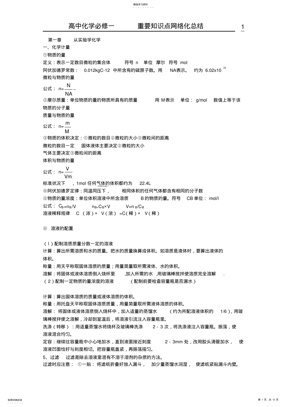 2022年高中化学必修一重要知识点网络化总结【精品】 .pdf_第1页