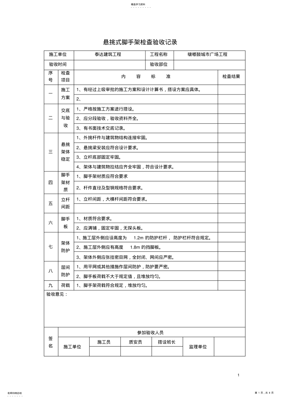 2022年悬挑式脚手架检查验收记录5 .pdf_第1页