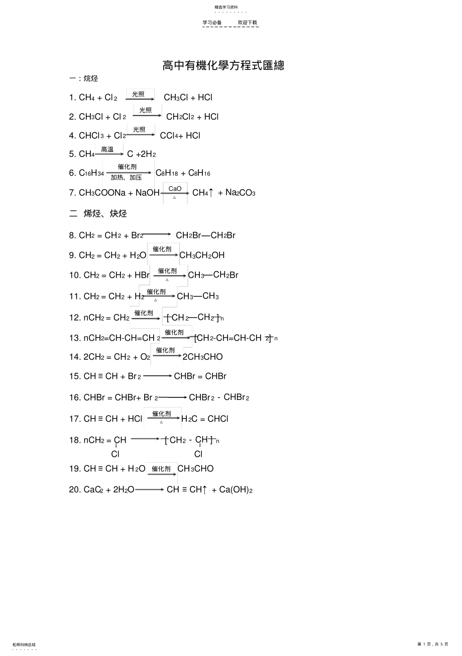 2022年高中有机化学常用反应方程式和相关知识点总结 .pdf_第1页