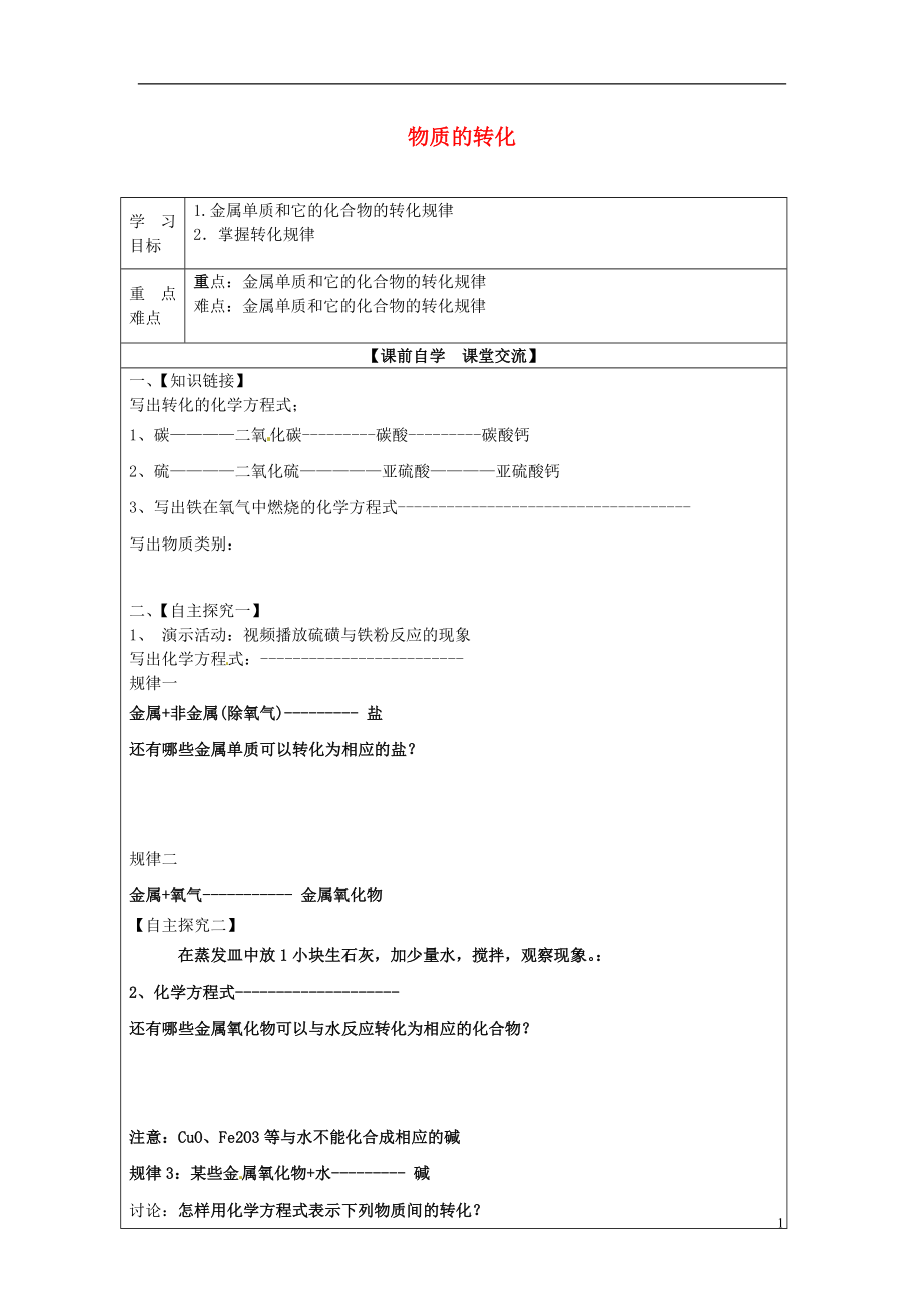 2016秋九年级科学上册2.5物质的转化学案2无答案浙教版.doc_第1页