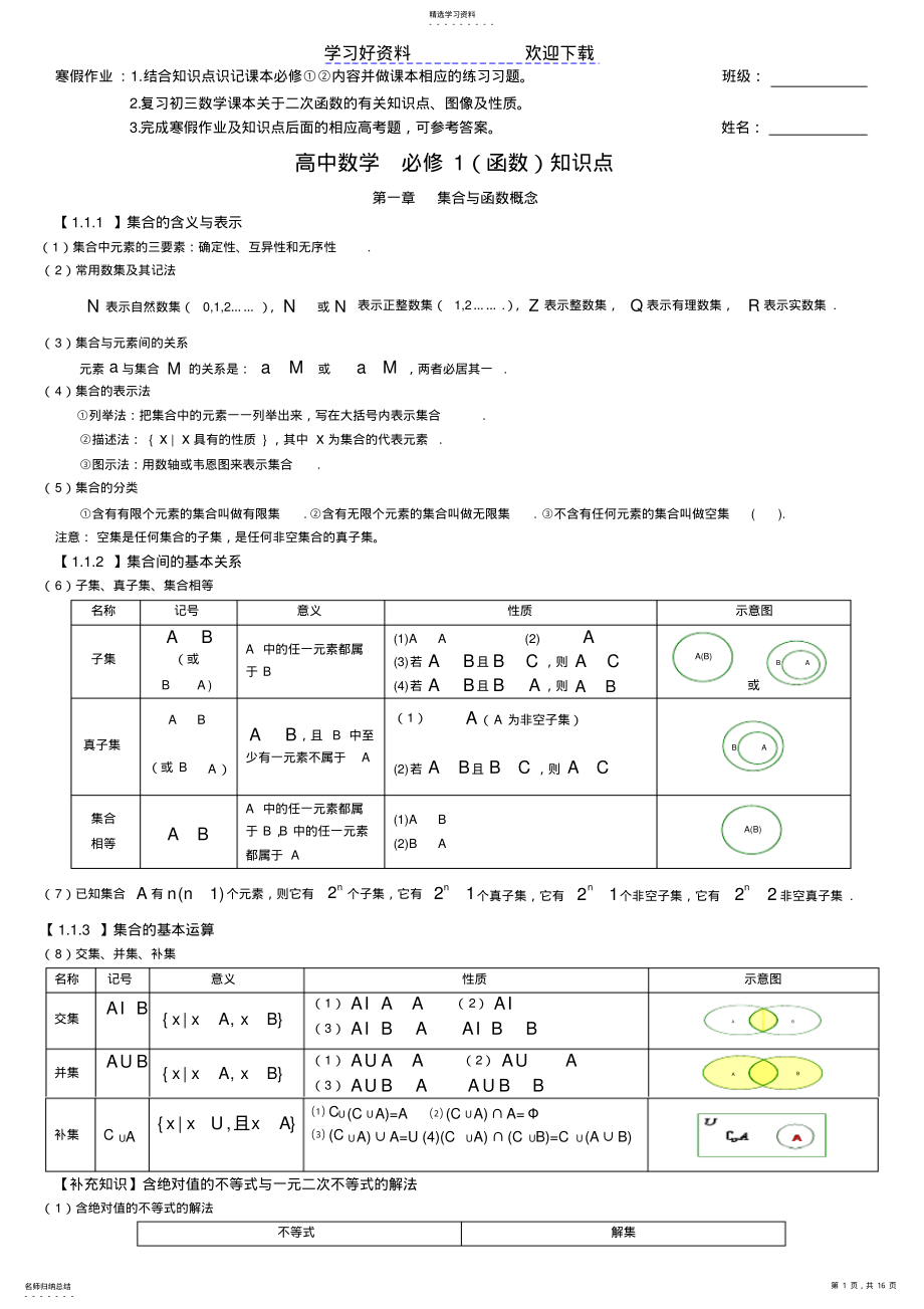 2022年高中数学必修一知识点,高中数学必修二知识点,高一数学寒假复习材料 .pdf_第1页