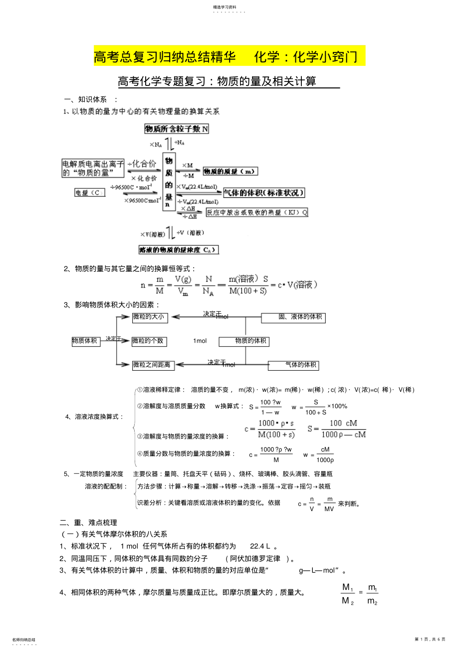 2022年高考总复习归纳总结精华化学：化学小窍门高考化学专题复习-物质的量及计算 .pdf_第1页