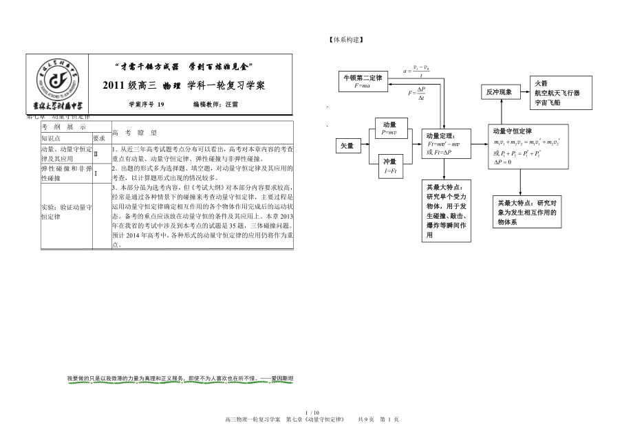 2014届高三物理总复习《动量守恒定律》学案(教师版).doc_第1页