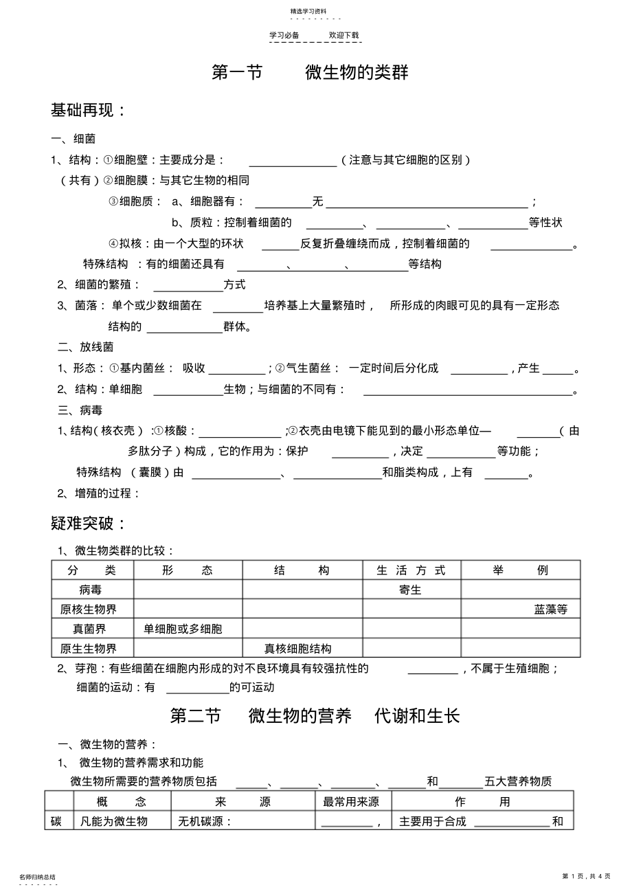 2022年高考生物冲刺查漏补缺全套学案—微生物和发酵工程人教版 .pdf_第1页