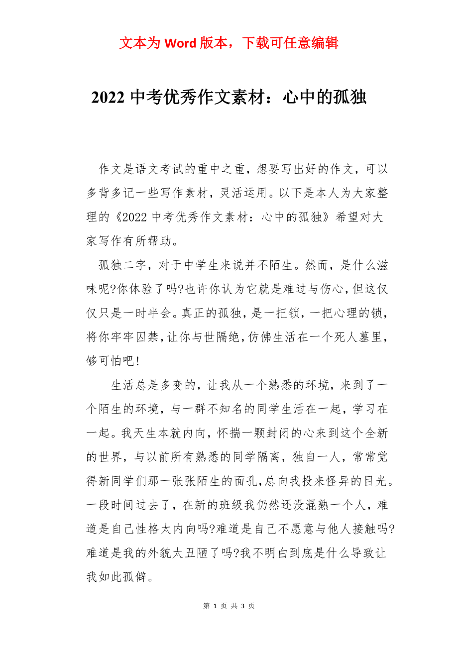 2022中考优秀作文素材：心中的孤独.docx_第1页