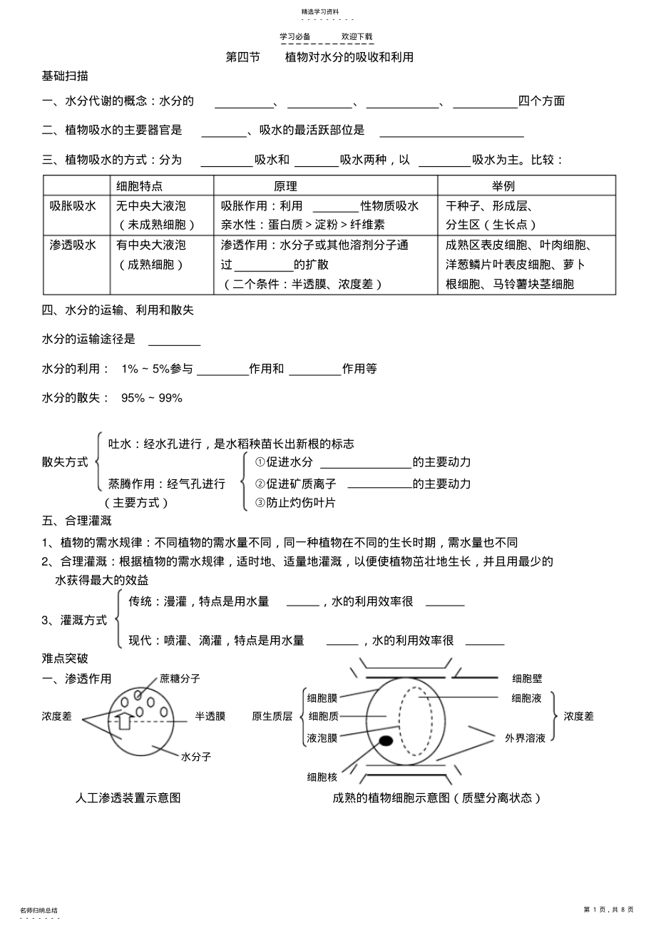 2022年高考生物冲刺查漏补缺全套学案水分代谢和矿质代谢人教版 .pdf_第1页