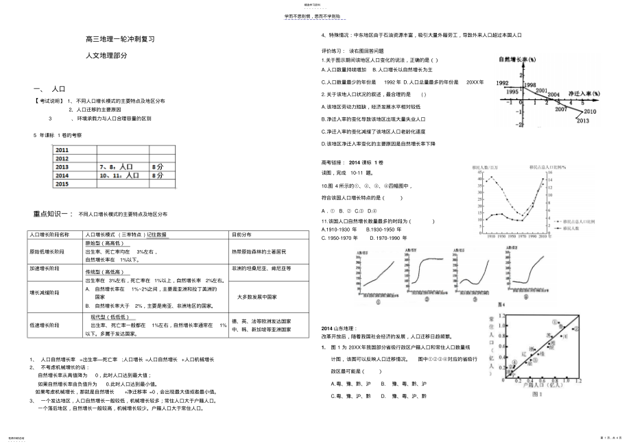 2022年高三地理一轮冲刺复习人口 .pdf_第1页