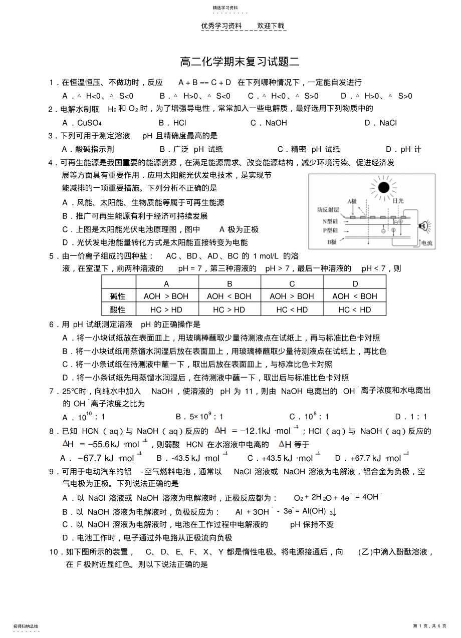 2022年高二化学期末复习试题二 .pdf_第1页