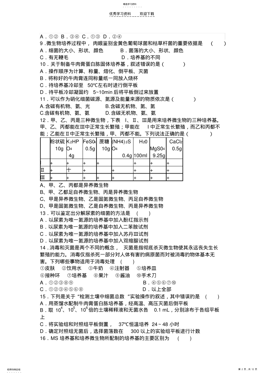 2022年高二生物选修一及选修三第一章试题及答案 .pdf_第2页