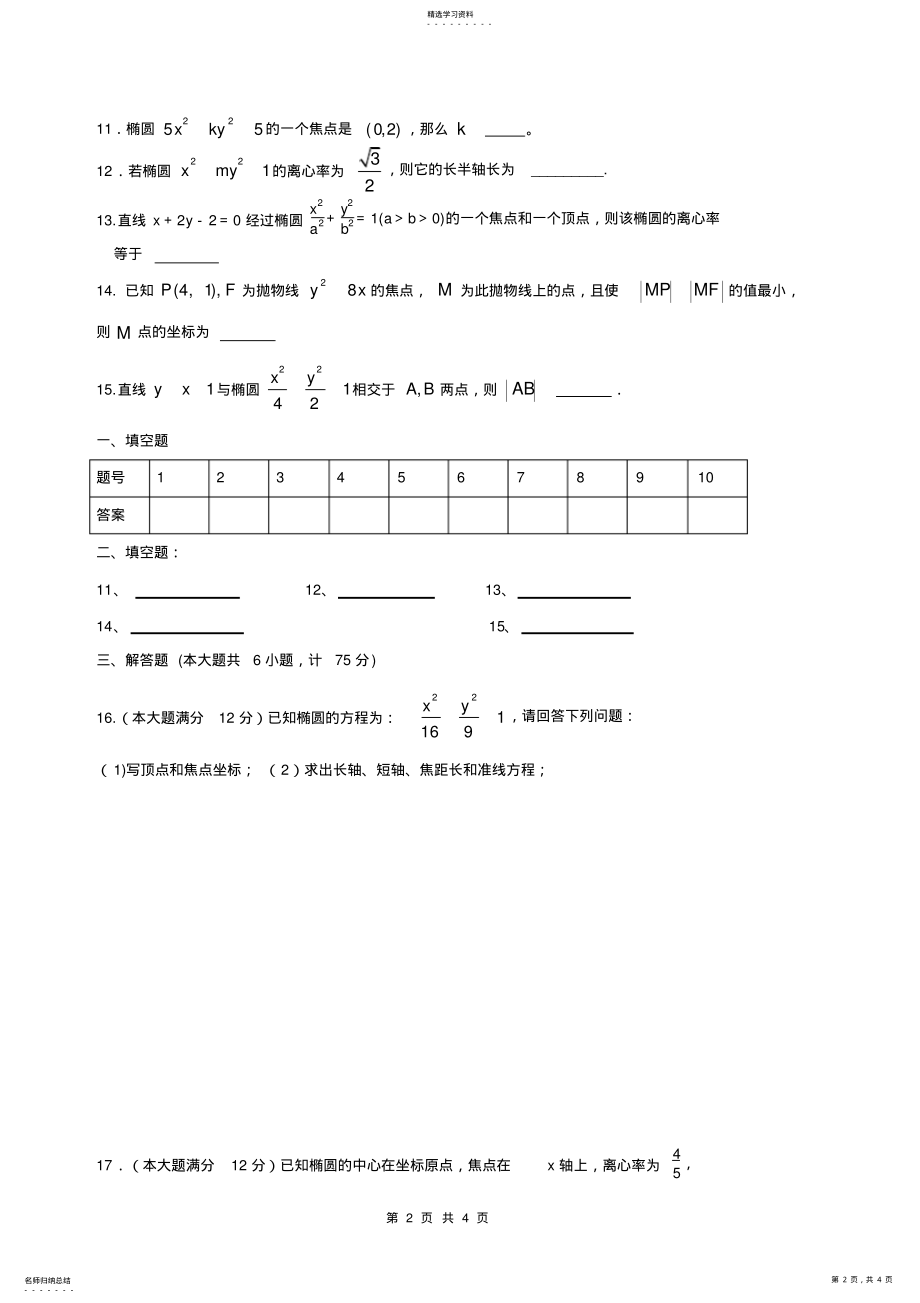 2022年高二数学选修1-1《圆锥曲线》单元测试卷 .pdf_第2页