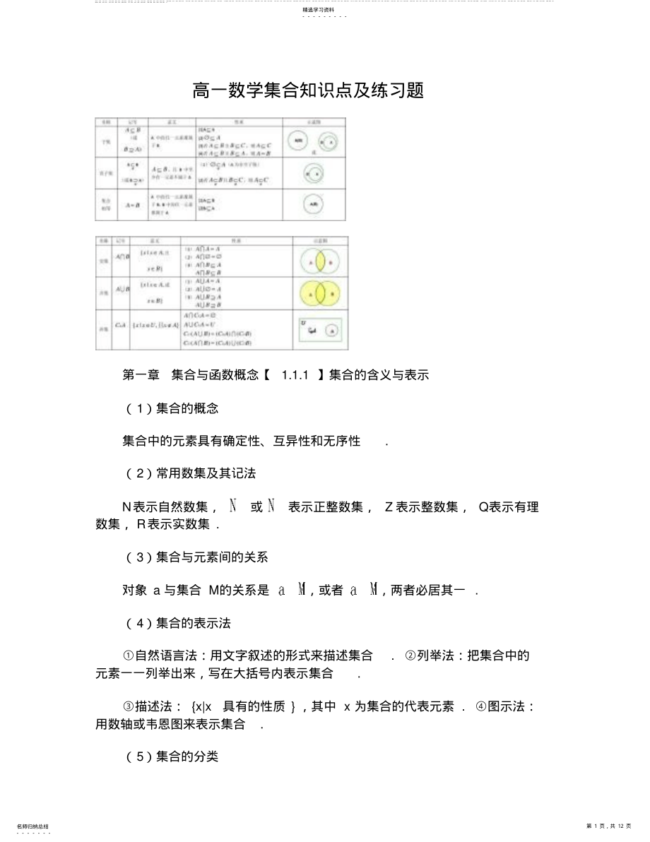 2022年高一数学集合知识点及练习题 2.pdf_第1页