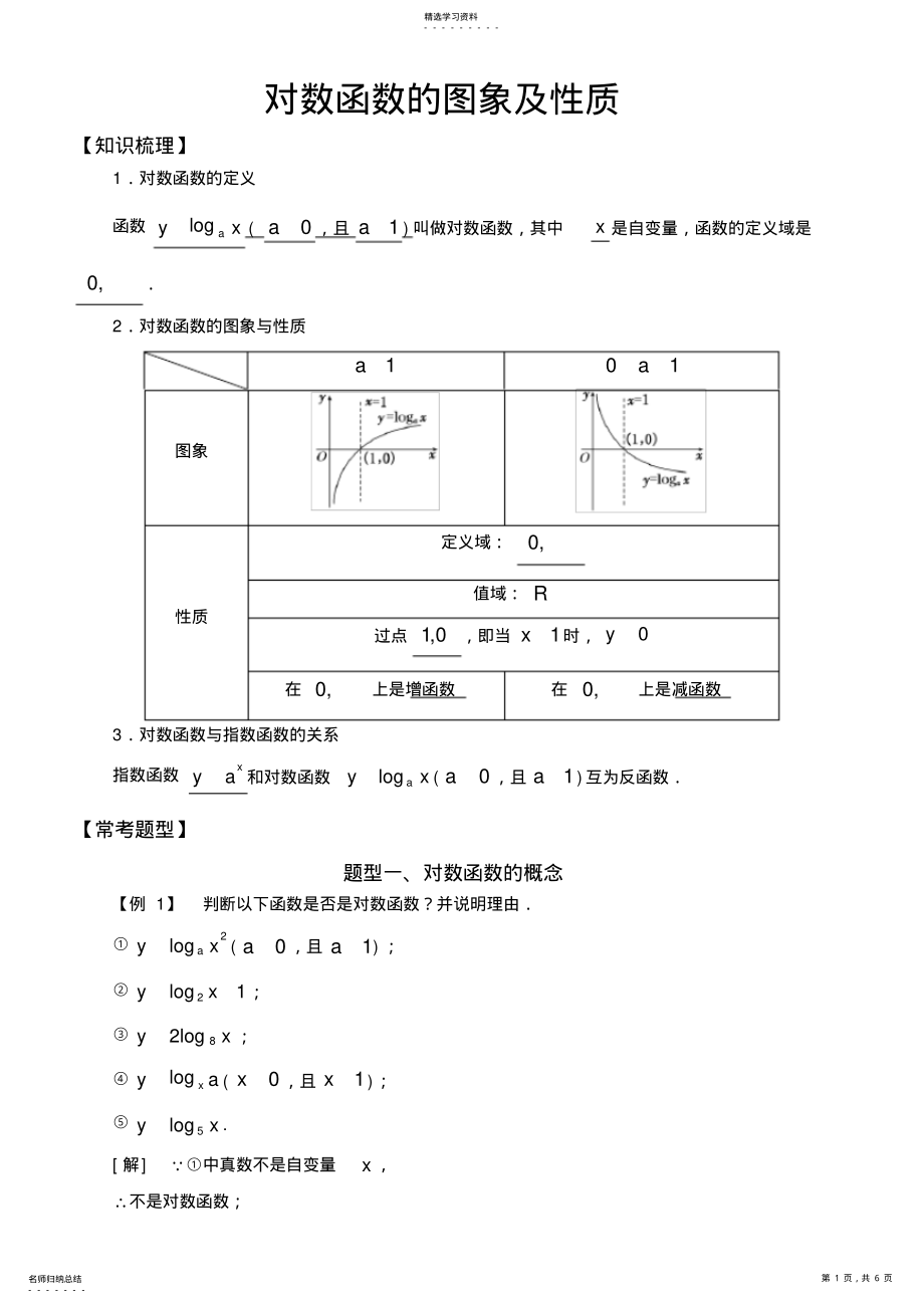 2022年高中数学必修1基本初等函数常考题型：对数函数的图象及性质 .pdf_第1页