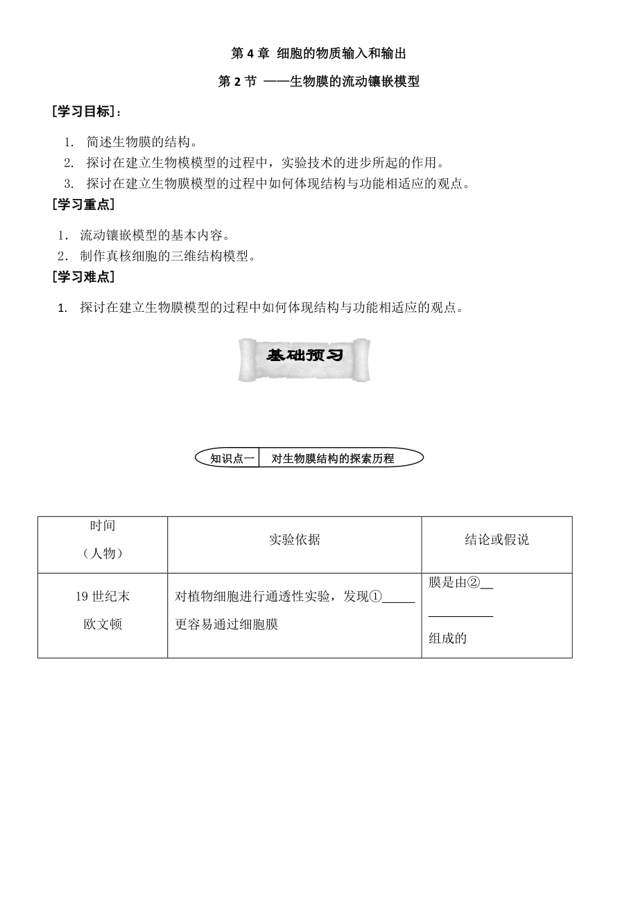 【高中生物】人教版高中生物必修1学案：4.2-生物膜的流动镶嵌模型-Word版含答案.doc_第1页