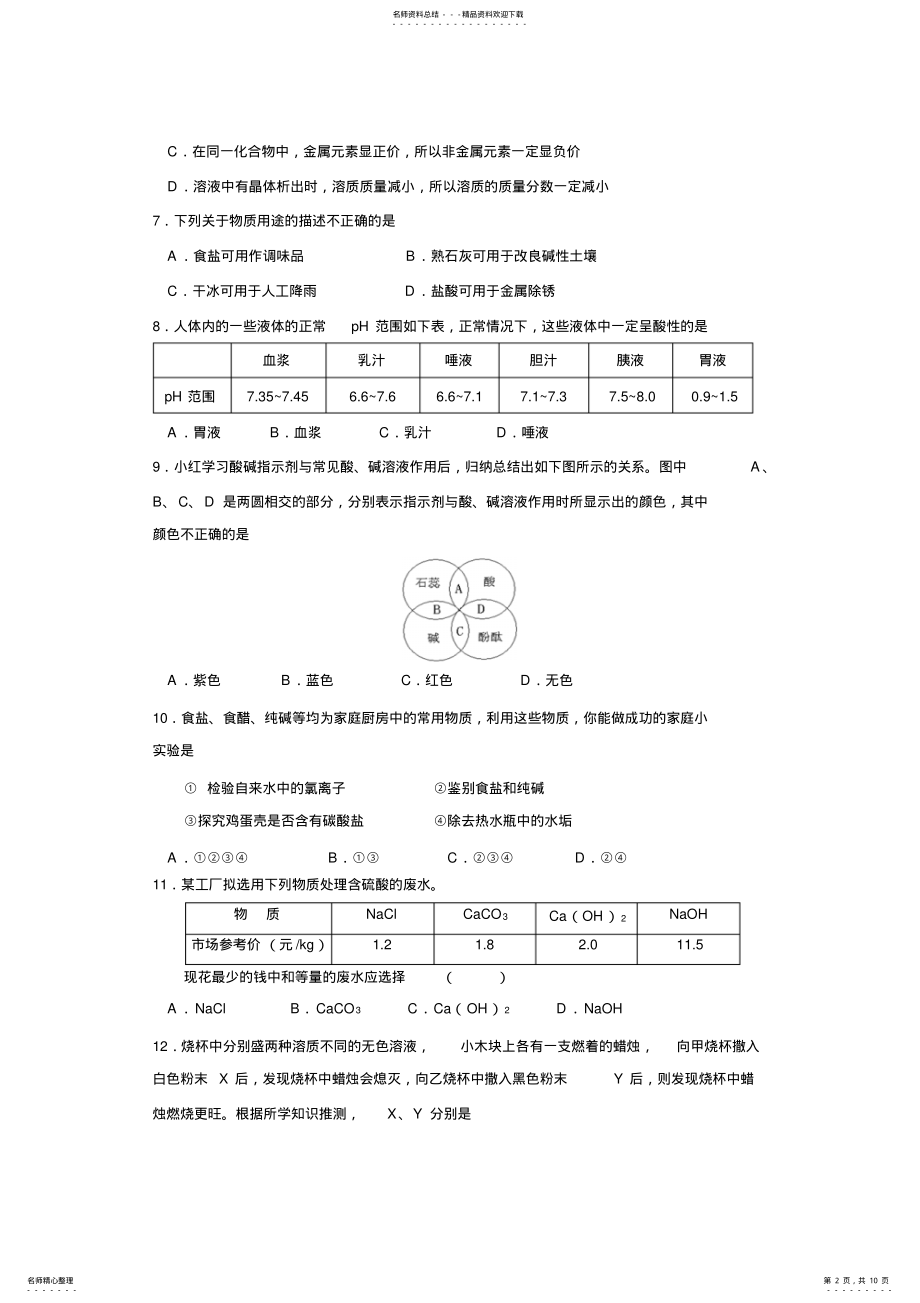 2022年2022年九年级化学上学期期中考试试题及答案 .pdf_第2页