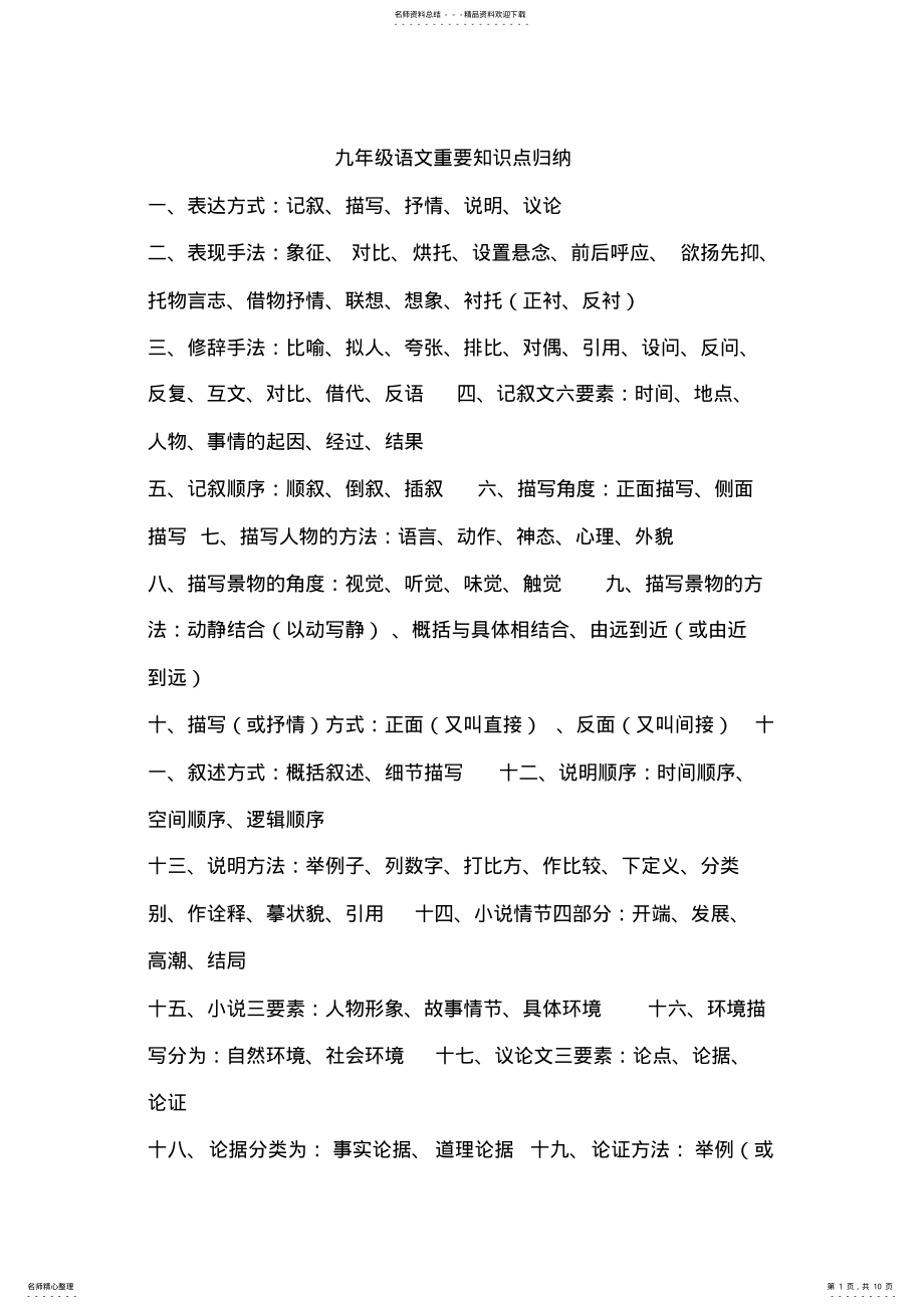 2022年2022年九年级语文重要知识点归纳 .pdf_第1页