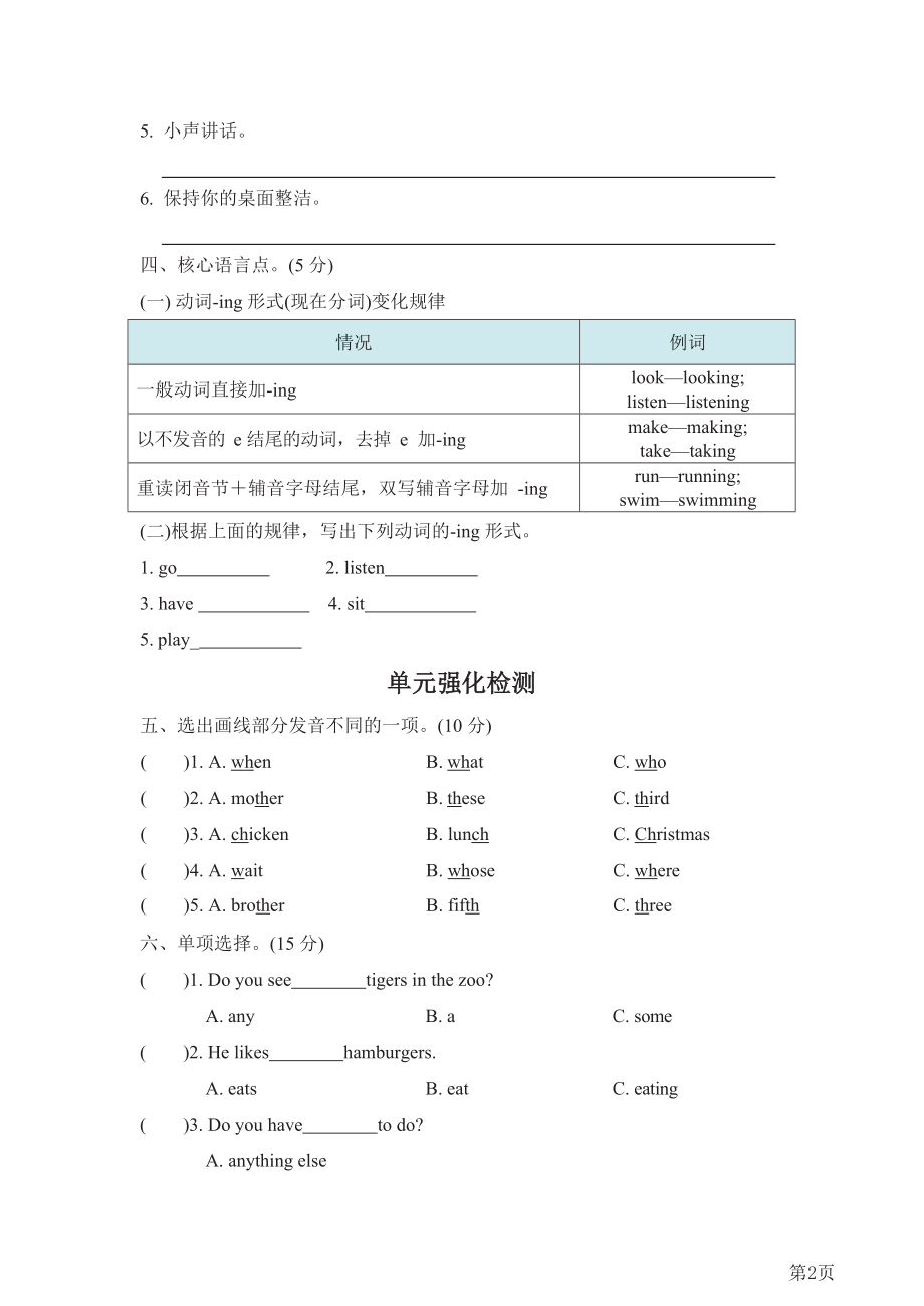 五年级下册英语人教PEP版Unit6Workquietly!单元知识梳理卷(含答案).docx_第2页