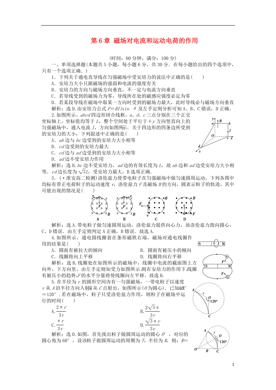 优化方案2016_2017学年高中物理第6章磁吃电流和运动电荷的作用章末检测含解析鲁科版选修3_1.doc_第1页