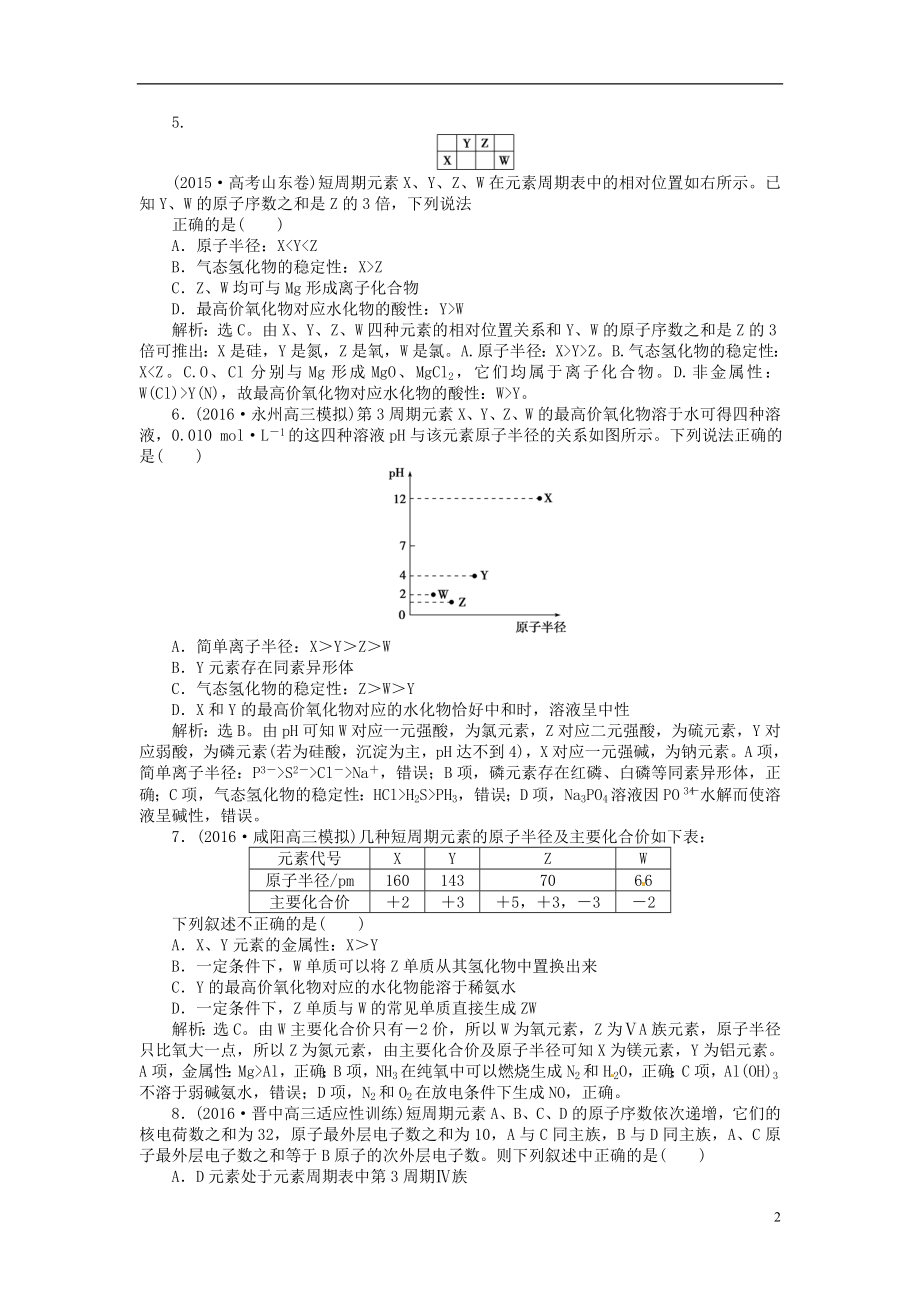 优化方案2017高考化学总复习必修部分专题5微观结构与物质的多样性第二单元元素周期表与元素周期律课后达标检测苏教版.doc_第2页