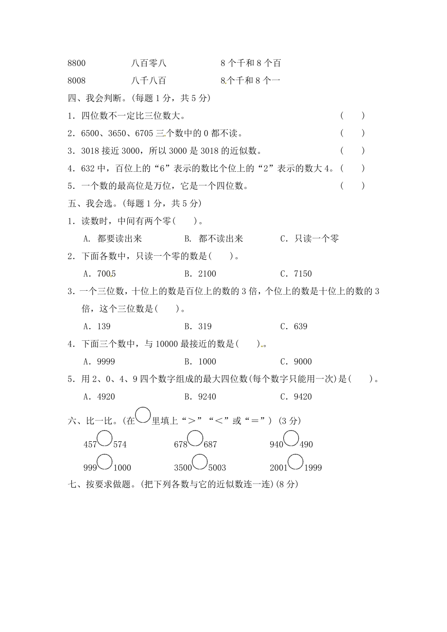 二年级下册数学单元达标测试卷－第2单元万以内数的认识∣青岛版（含答案）.docx_第2页