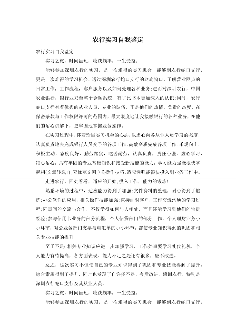 农行实习自我鉴定.docx_第1页