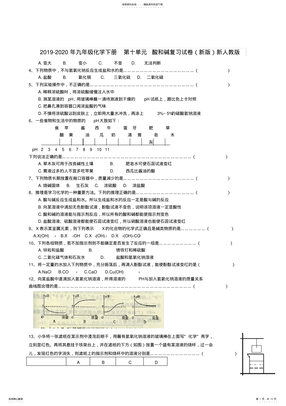 2022年-九年级化学下册第十单元酸和碱复习试卷新人教版 .pdf_第1页