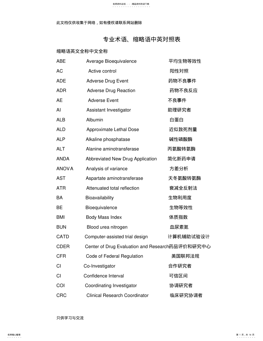 2022年2022年临床试验英语词汇讲课讲稿 .pdf_第1页