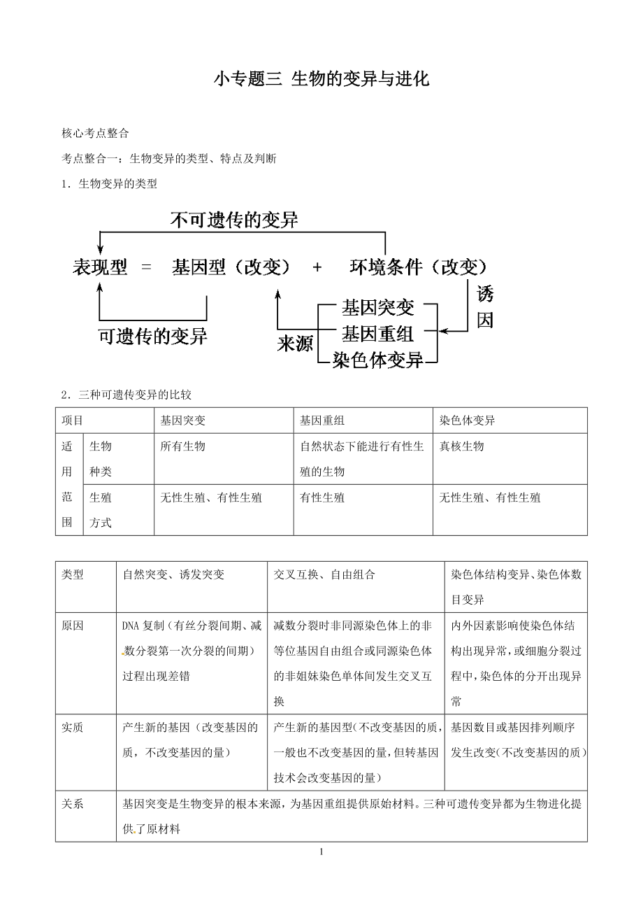 【高中生物】高三生物复习学案：专题4-遗传、变异与进化3-生物的变异与进化.doc_第1页