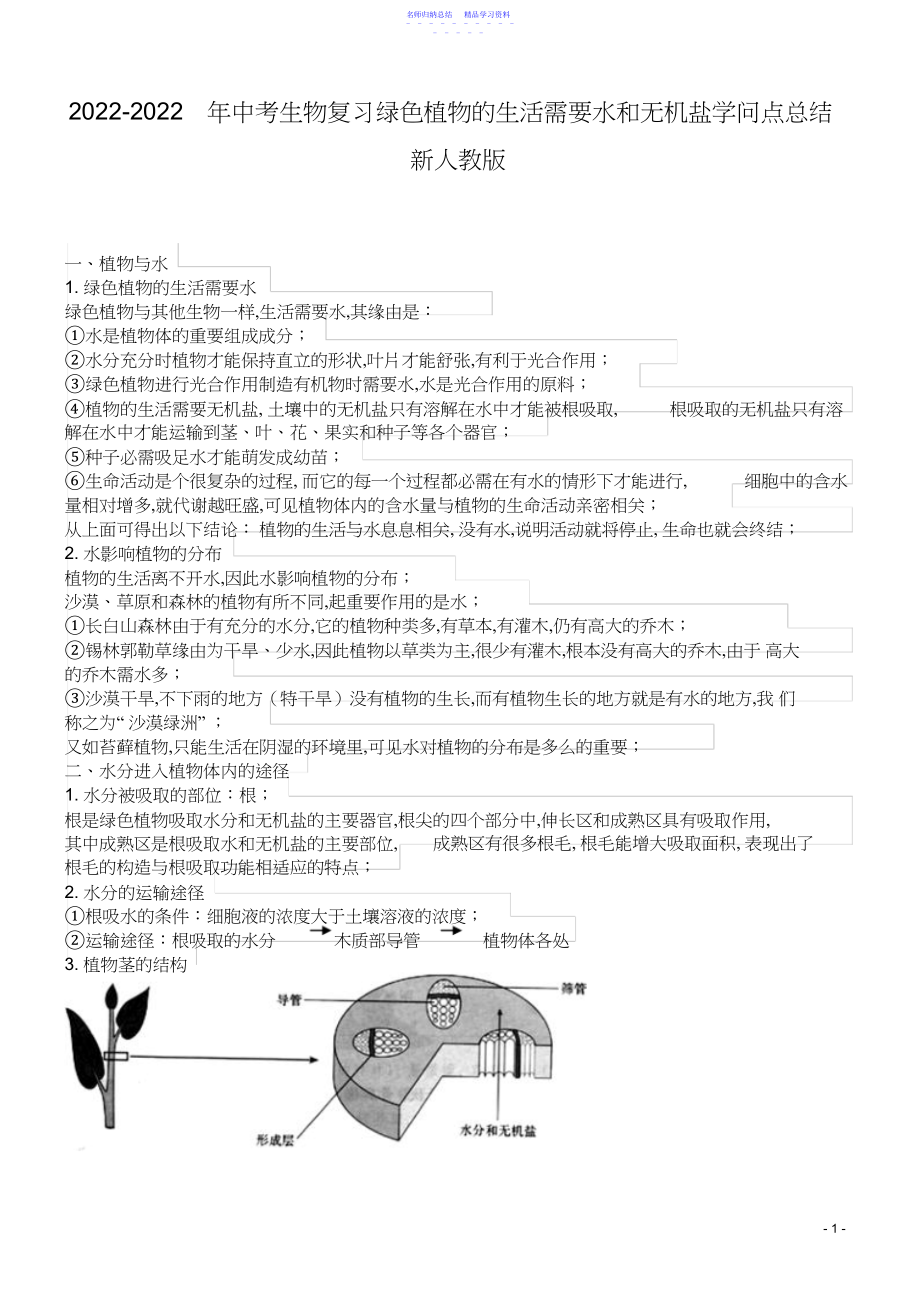 2022年-中考生物复习绿色植物的生活需要水和无机盐知识点总结新人教版.docx_第1页