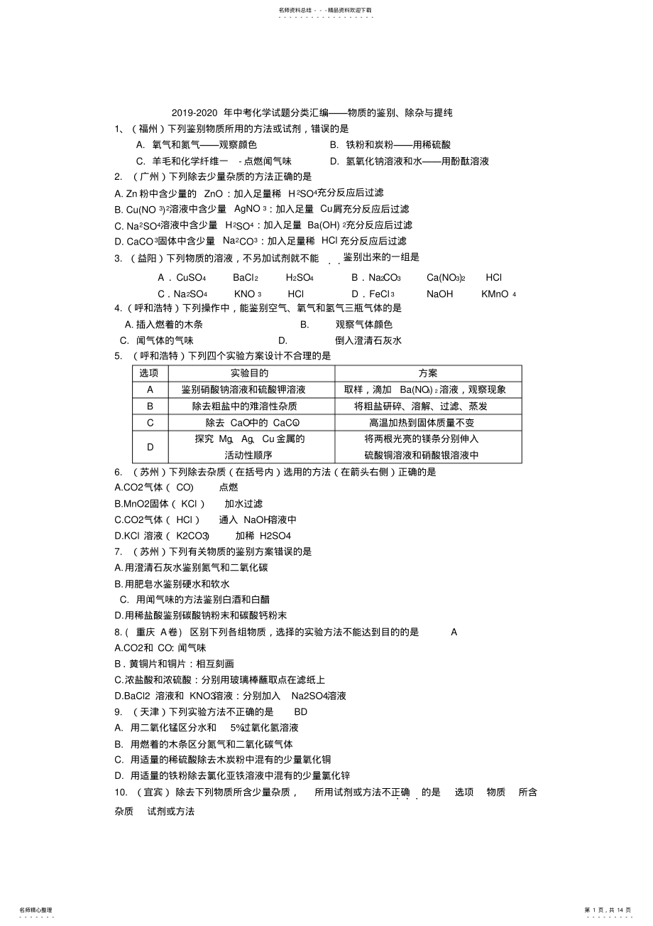 2022年-中考化学试题分类汇编——物质的鉴别、除杂与提纯 .pdf_第1页