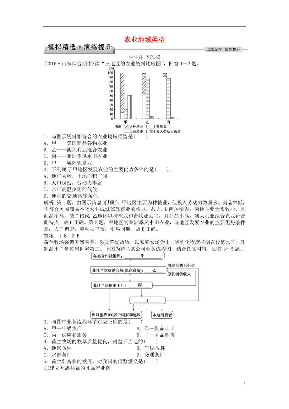 优化方案2017高考地理总复习第二部分人文地理第八章农业地域的形成与发展第19讲农业地域类型模拟精选演练提升新人教版.doc_第1页