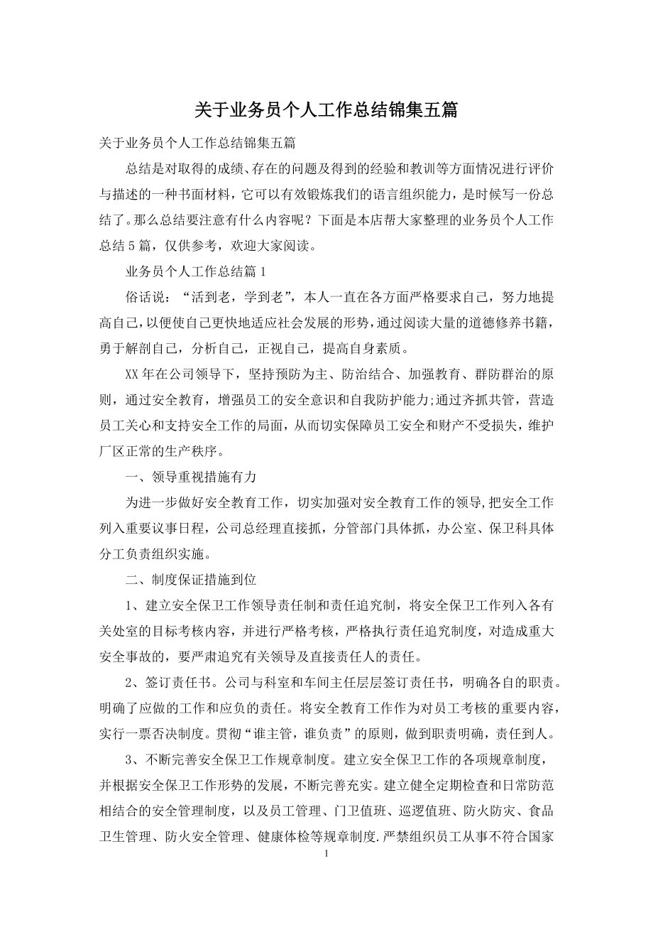 关于业务员个人工作总结锦集五篇.docx_第1页