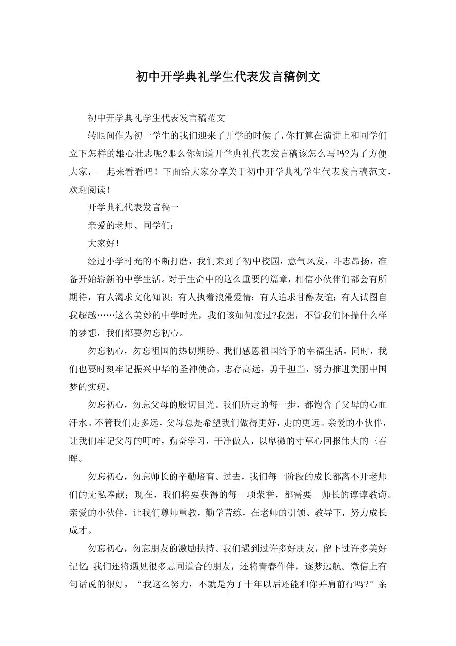 初中开学典礼学生代表发言稿例文.docx_第1页