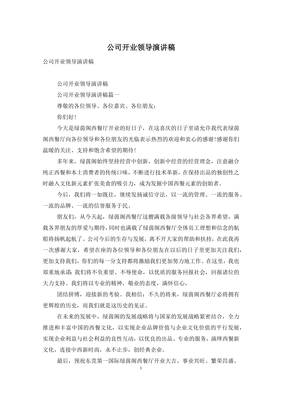 公司开业领导演讲稿.docx_第1页