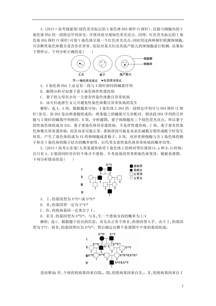 优化方案2017版高考生物大一轮复习第五单元遗传的基本规律与伴性遗传第18讲人类遗传病随堂反馈演练冲关.doc_第2页