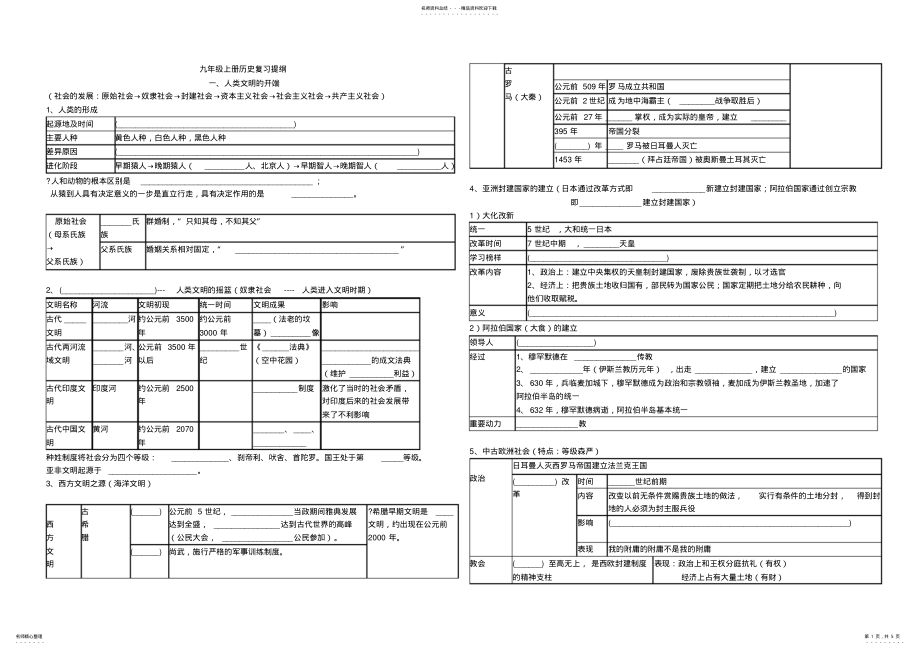 2022年2022年九年级上册历史复习提纲填空 .pdf_第1页