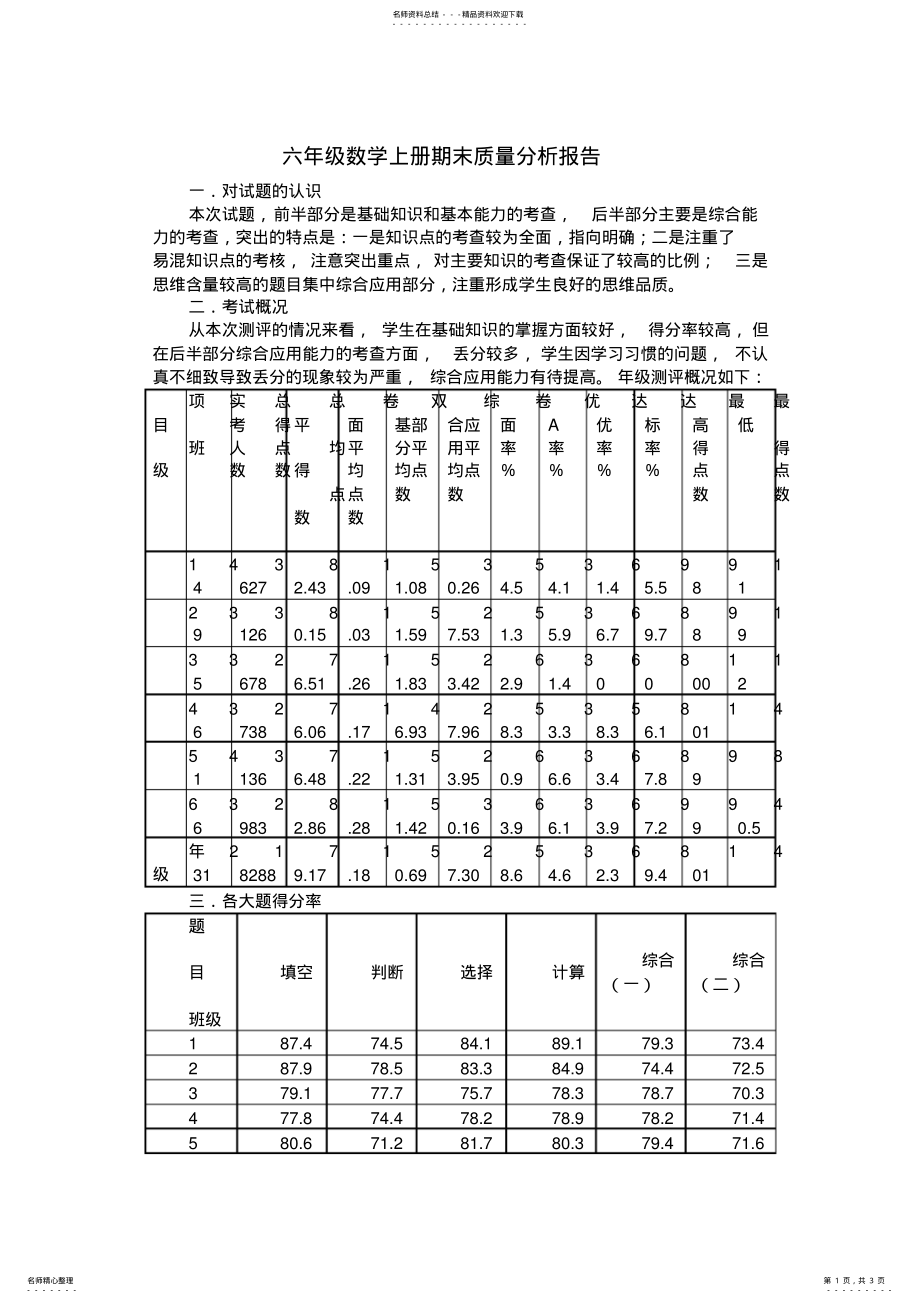 2022年2022年六年级数学上册期末质量分析报告 .pdf_第1页