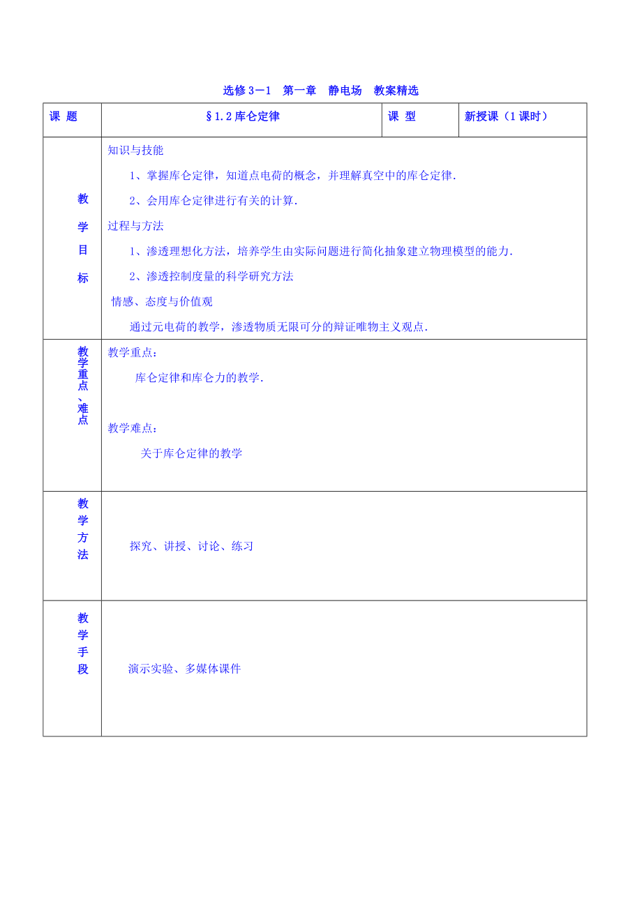 【高中物理】高二物理人教版选修3-1《1.2库仑定律》教案.doc_第1页