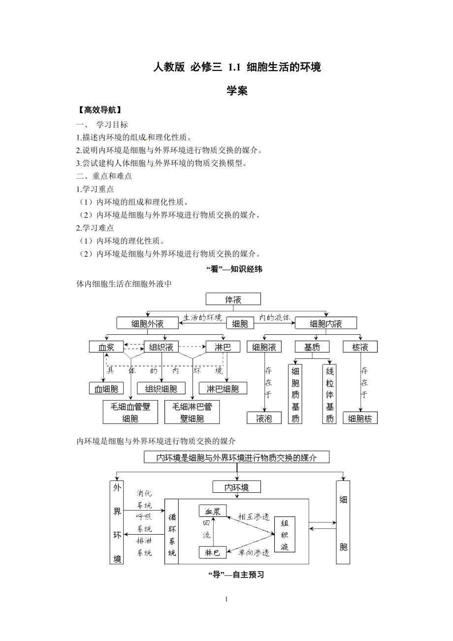 【高中生物】高中生物精品学案：1.1-细胞生活的环境.doc_第1页