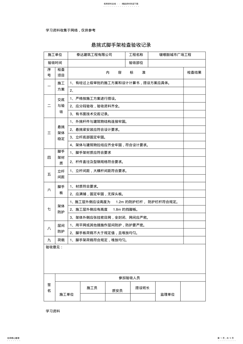 2022年悬挑式脚手架检查验收记录 .pdf_第1页