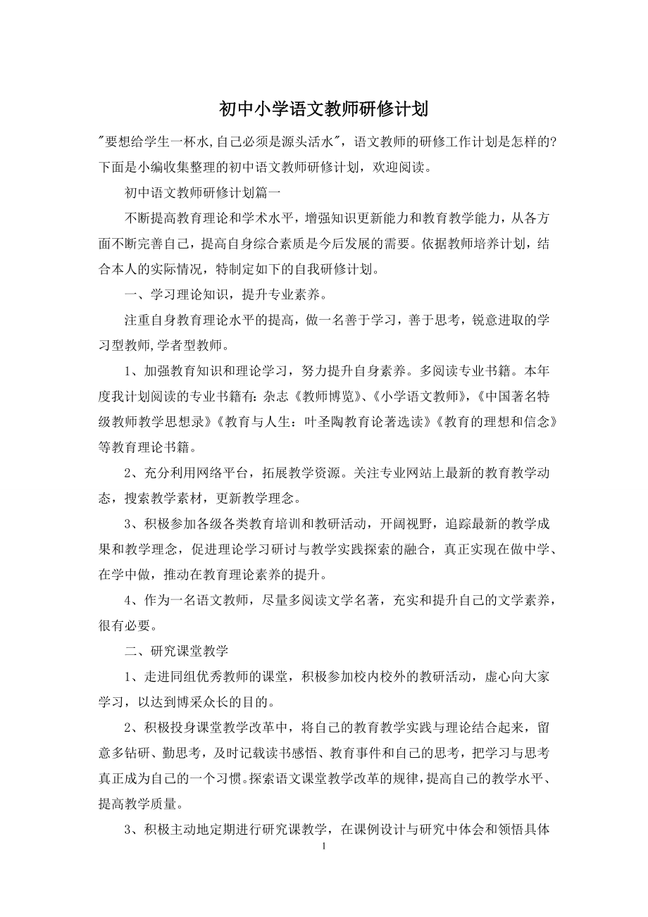 初中小学语文教师研修计划.docx_第1页