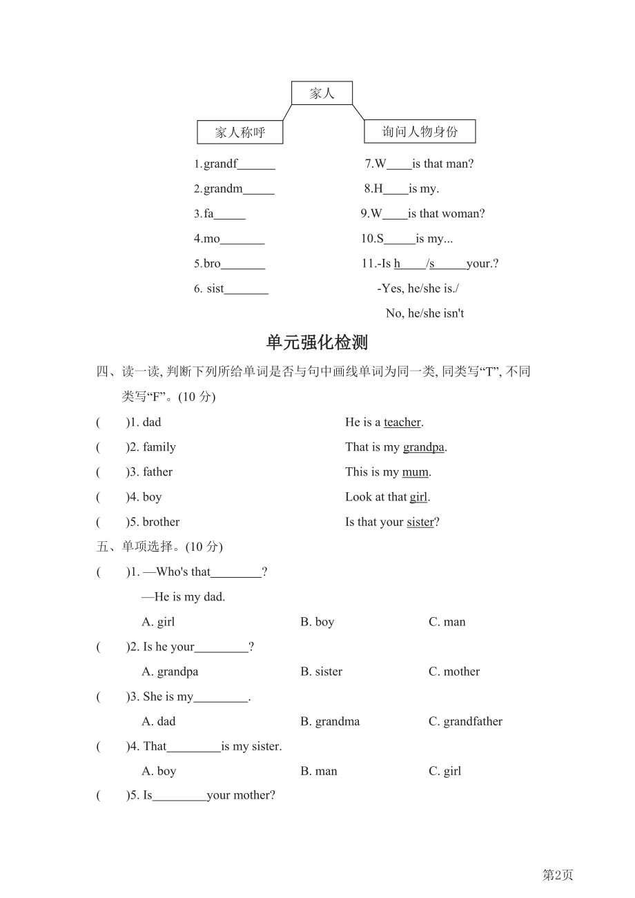 三年级下册英语人教PEP版Unit2单元知识梳理卷(含答案).docx_第2页