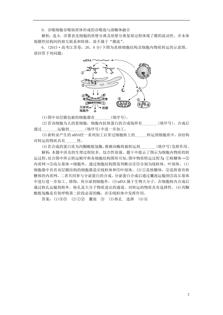 优化方案2017版高考生物大一轮复习第二单元细胞的结构和物质运输第6讲细胞器_系统内的分工合作随堂反馈演练冲关.doc_第2页