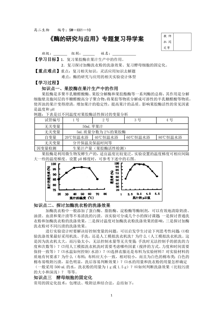 【高中生物】高二生物-选修1-10酶的研究与应用复习.doc_第1页