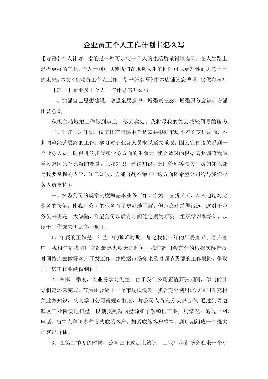 企业员工个人工作计划书怎么写.docx_第1页