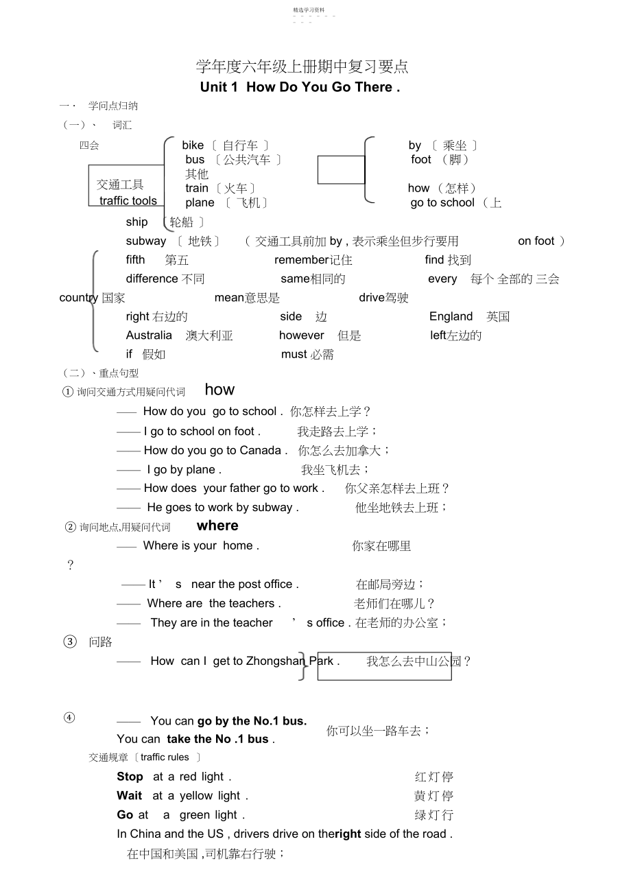 2022年新PEP小学英语六年级上册期中复习知识点总结及练习.docx_第1页