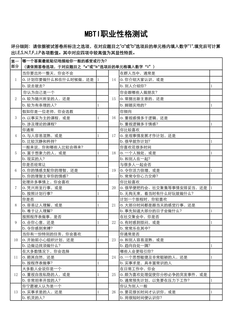 MBTI性格测试.xls_第1页