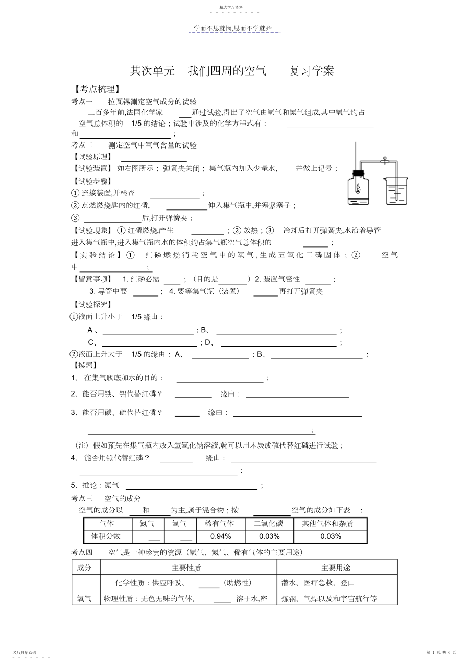 2022年我们周围的空气复习学案初三化学.docx_第1页