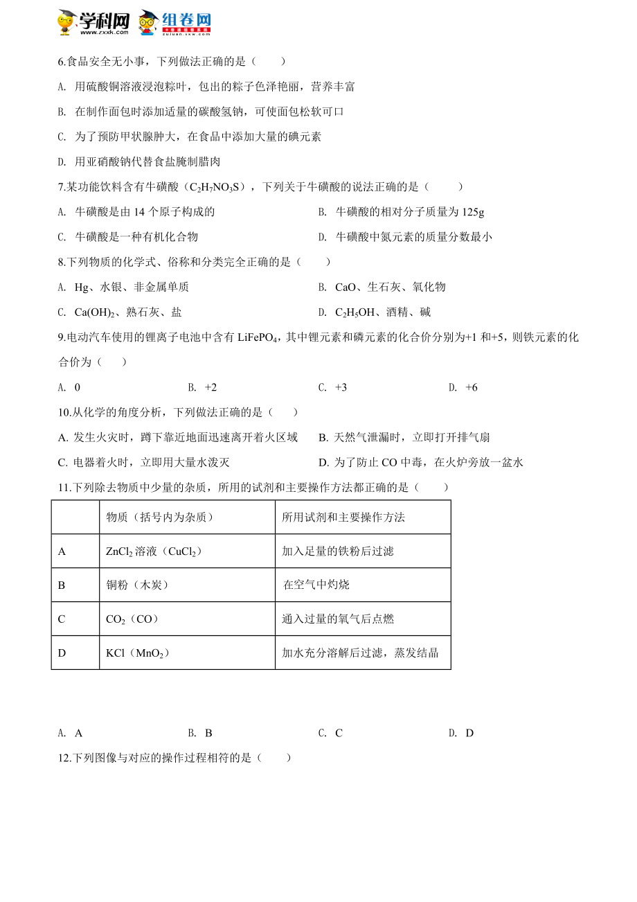 四川省南充市2020年中考化学试题(原卷版).doc_第2页